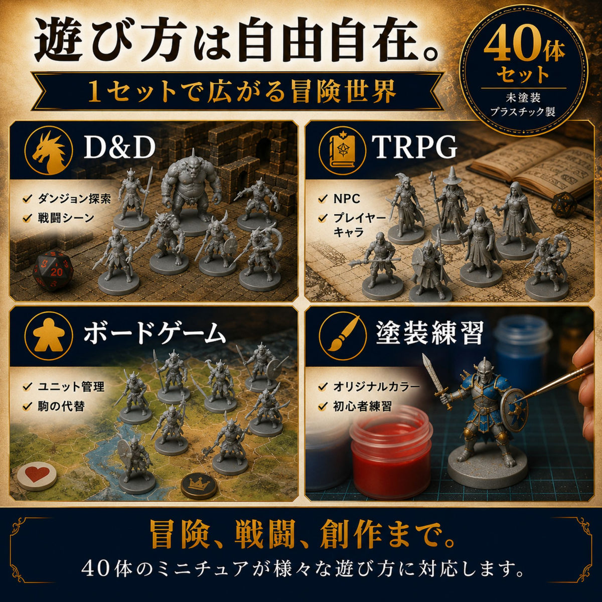 Path Gaming 種族別10種×4体セット ミニチュア 40体入り 未塗装 28mmスケール TRPG D&D対応 パス40